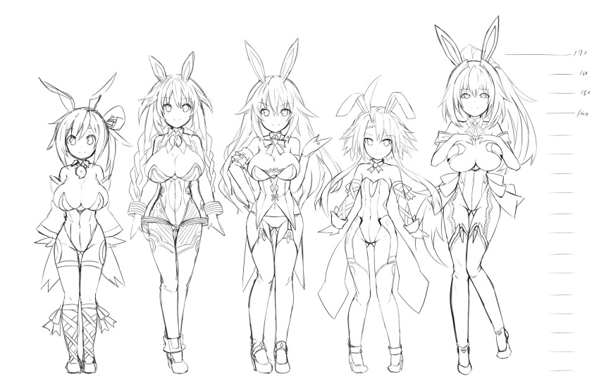 5girls ahoge animal_ears bare_shoulders black_heart bow bowtie braid breasts bunny_girl bunnysuit cleavage detached_collar fake_animal_ears gene_(gear_gene) green_heart hair_ornament highres large_breasts leotard long_hair looking_at_viewer monochrome multiple_girls neptune_(choujigen_game_neptune) neptune_(series) noire ponytail purple_heart rabbit_ears red_(choujigen_game_neptune) short_hair_with_long_locks sketch twin_braids very_long_hair white_background white_heart wrist_cuffs