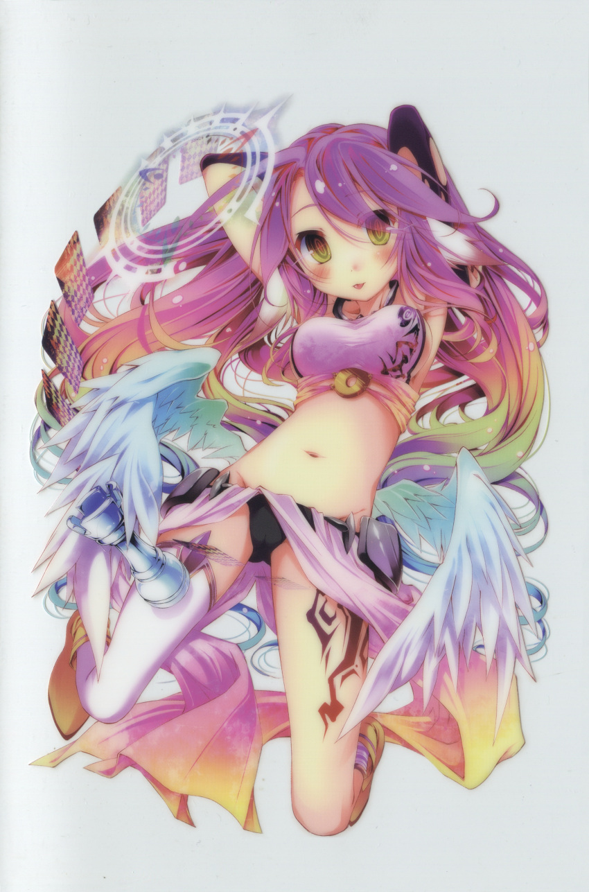 1girl absurdres angel_wings arms_behind_head blush breasts bridal_gauntlets card chess_piece crop_top cross feathered_wings gloves gradient_eyes gradient_hair halo highres jibril_(no_game_no_life) kamiya_yuu long_hair low_wings magic_circle midriff mismatched_legwear multicolored_eyes multicolored_hair navel no_game_no_life official_art orange_eyes pink_hair scan sideboob smile solo symbol-shaped_pupils tattoo thigh-highs tongue tongue_out very_long_hair white_wings wing_ears wings yellow_eyes