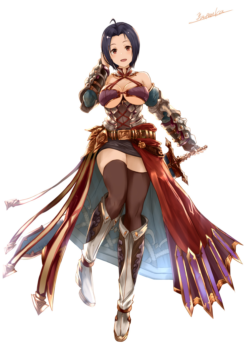 1girl :d absurdres ahoge alternate_costume bare_shoulders belt black_hair black_legwear black_skirt blue_hair boots breasts brown_gloves cleavage corset covered_navel cross-laced_clothes detached_sleeves fingerless_gloves full_body gloves granblue_fantasy hand_on_own_head highres holding holding_sword holding_weapon idolmaster knee_boots large_breasts miniskirt miura_azusa open_mouth red_eyes signature simple_background single_glove skirt smile solo standing standing_on_one_leg sword thigh-highs vambraces waist_cape weapon white_background white_boots yatsuka_(846) zettai_ryouiki