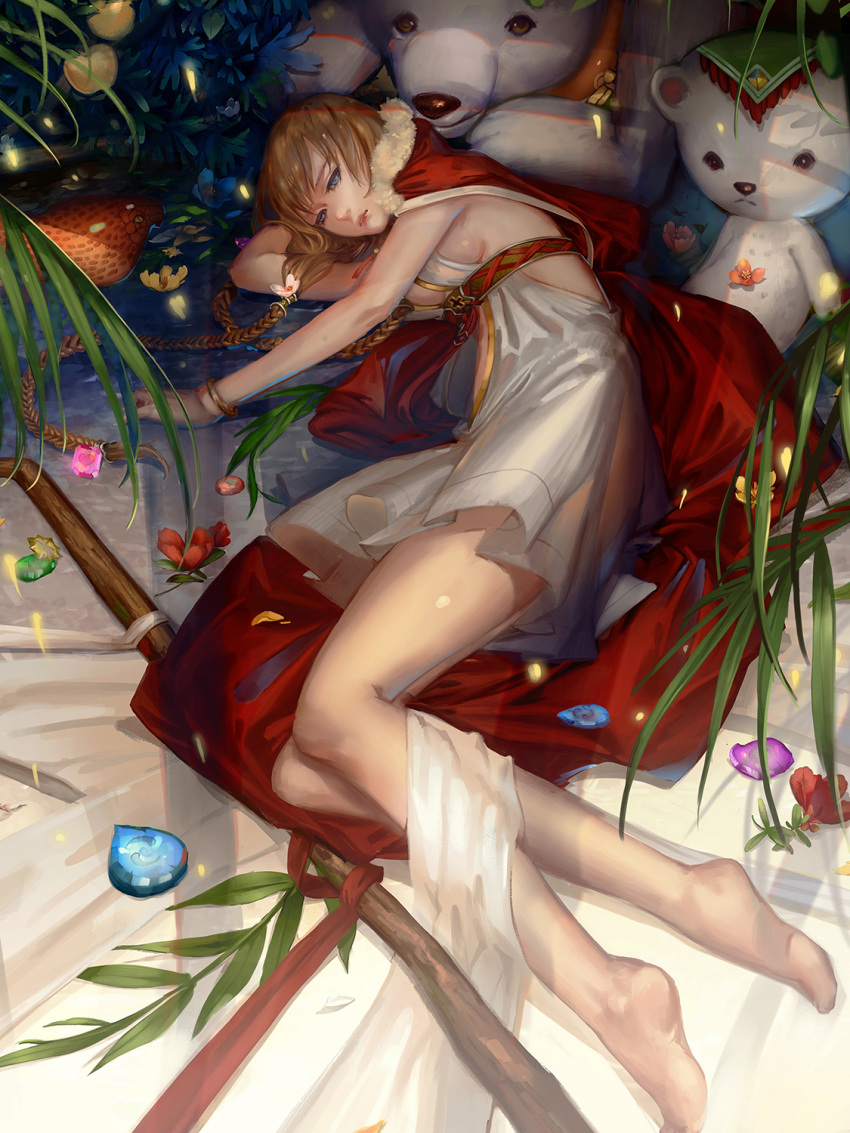 1girl barefoot blue_eyes braid breasts brown_hair cape dress flower food fruit fur_trim gem hair_flower hair_ornament highres liu_(sixquest) long_hair lying on_side parted_lips plant sleeveless sleeveless_dress snake solo stuffed_animal stuffed_toy teddy_bear tower_of_saviors twin_braids white_dress