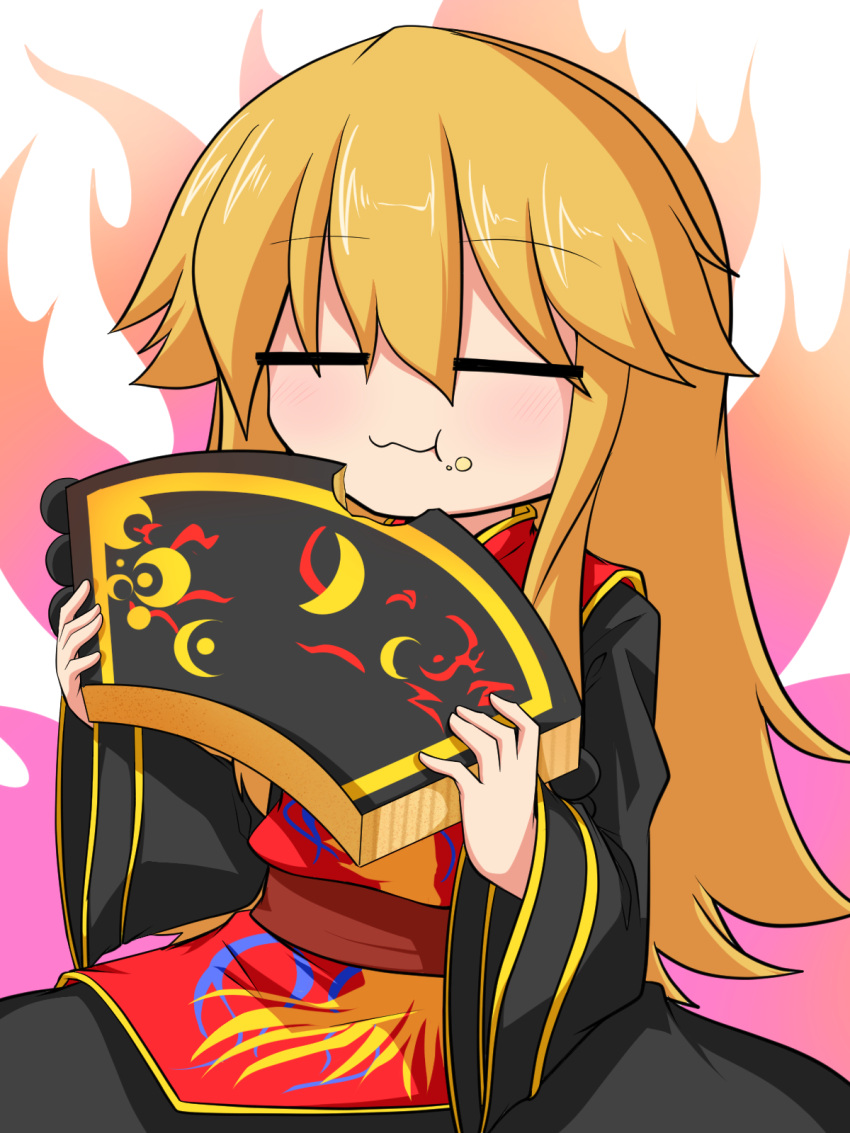 1girl :3 =_= aura baumkuchen blonde_hair blush chinese_clothes eating fire food food_on_face highres junko_(touhou) katsumi5o long_hair no_hat solo tabard touhou what wide_sleeves