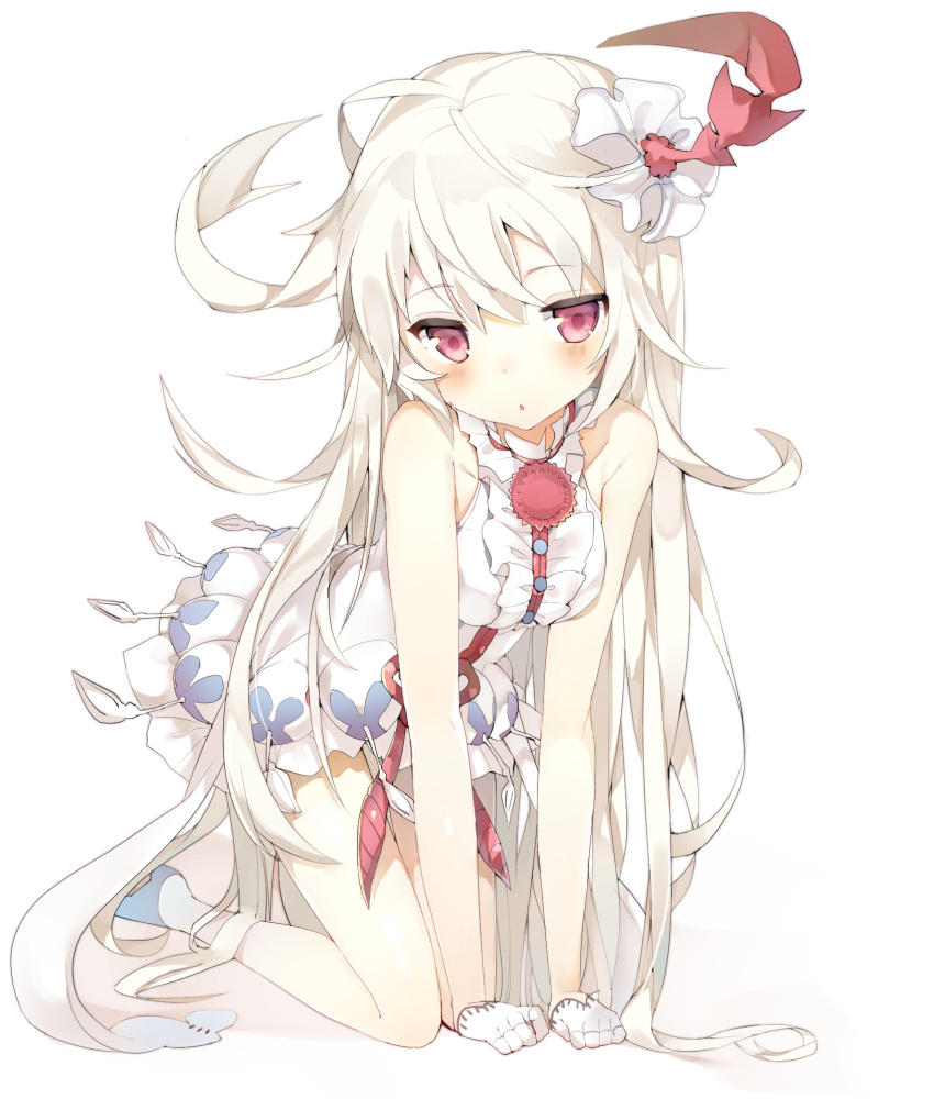 1girl :o all_fours breasts buttons choko_(last_period) dress gloves hair_ornament highres last_period long_hair looking_at_viewer messy_hair niito sleeveless sleeveless_dress solo very_long_hair violet_eyes white_background white_dress white_gloves white_hair