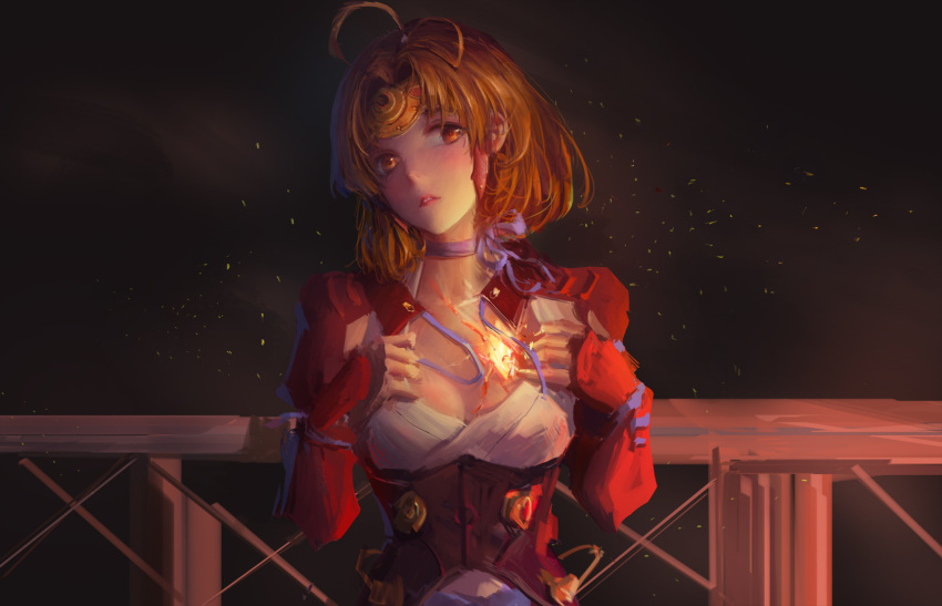 1girl antenna_hair armor artist_request bangs blue_ribbon blush bow brown_eyes brown_hair choker circlet collarbone corset head_tilt headpiece highres injury koutetsujou_no_kabaneri light_particles looking_to_the_side mumei_(kabaneri) night open_clothes parted_lips puffy_sleeves railing ribbon ribbon_choker short_hair smoke solo spoilers topknot vambraces