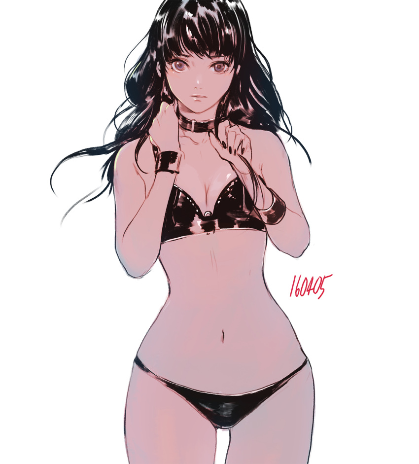 1girl black_hair bra breasts brown_eyes cleavage collar dated highres long_hair looking_at_viewer nail_polish navel original panties simple_background solo takssmask underwear underwear_only white_background wrist_cuffs