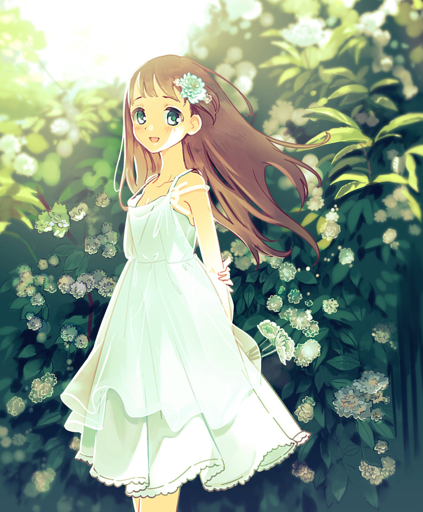 1girl :d absurdres arms_behind_back blush brown_hair collarbone dress flower green_eyes hair_flower hair_ornament highres kokabu looking_at_viewer open_mouth original outdoors sleeveless sleeveless_dress smile solo standing white_dress wind