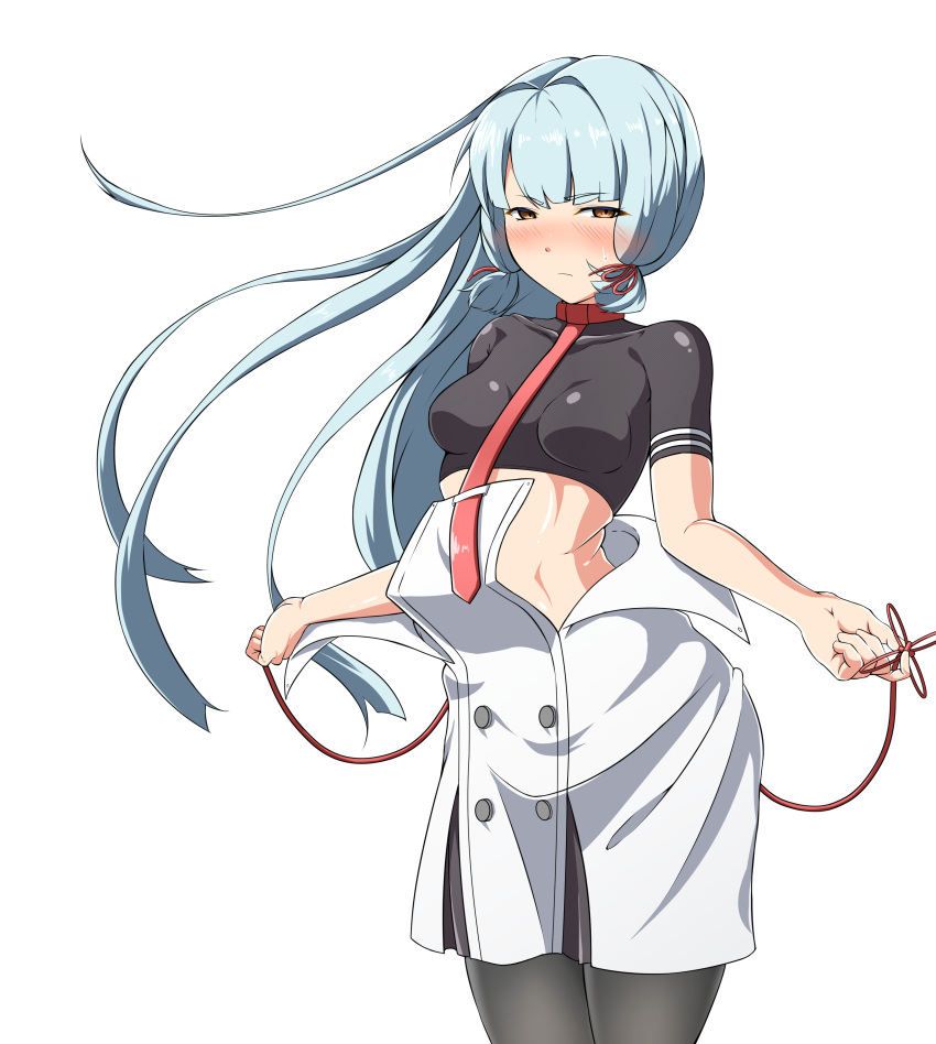1girl absurdres bangs black_legwear blunt_bangs blush breasts brown_eyes buttons closed_eyes closed_mouth collarbone cowboy_shot crop_top double-breasted floating_hair hair_ribbon highres jito_(mesuki_nitouhei) kantai_collection looking_at_viewer midriff murakumo_(kantai_collection) necktie pantyhose red_necktie red_ribbon ribbon shiny shiny_clothes shiny_skin short_sleeves sidelocks silver_hair simple_background skin_tight solo standing white_background wind