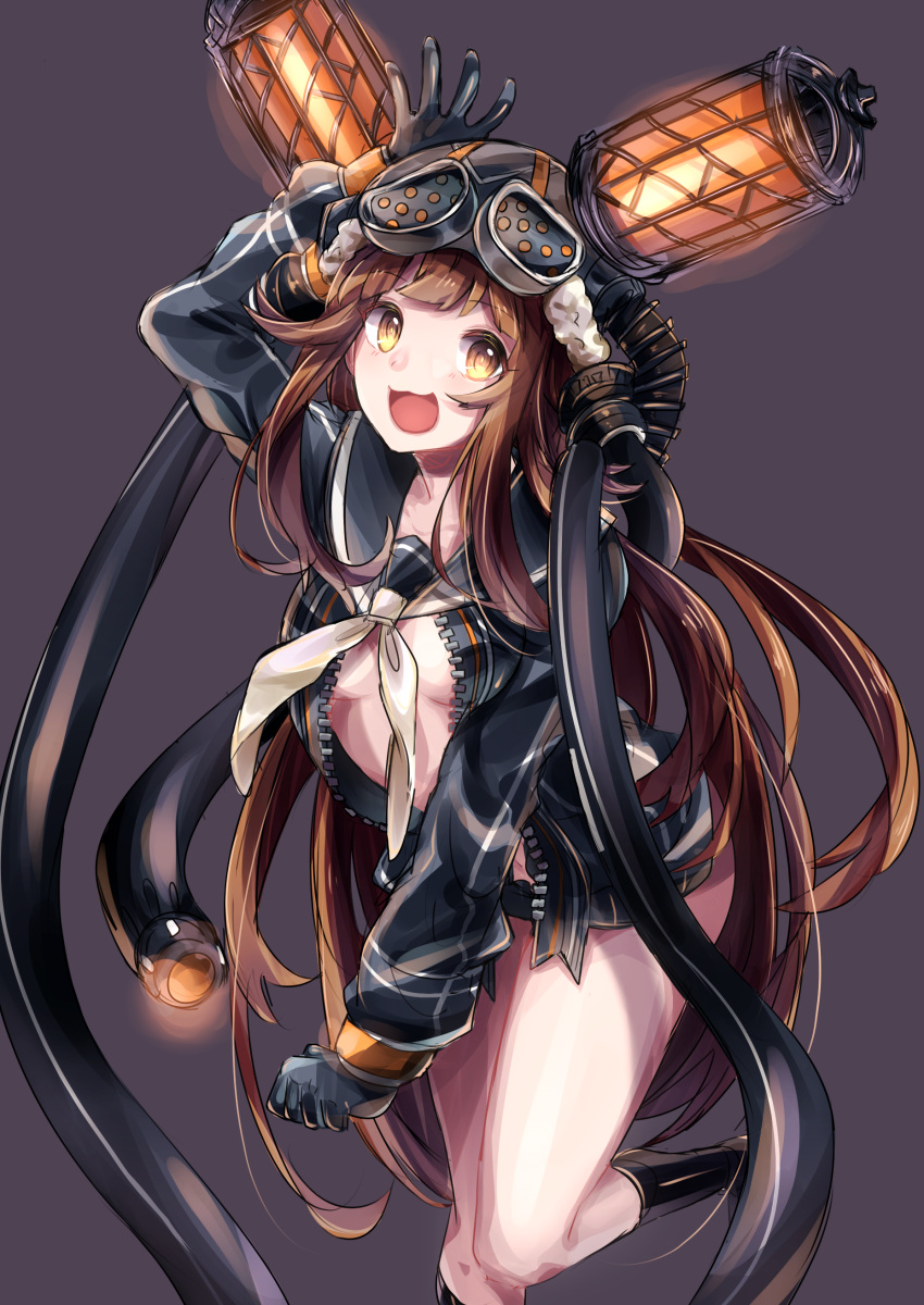 1girl :3 :d absurdres aishan_(aaaishan) arm_up black_background black_boots black_gloves blush boots brown_eyes brown_hair cable clenched_hand gloves helmet highres iona_(last_period) last_period leg_up long_hair looking_at_viewer neckerchief open_mouth sailor_collar simple_background smile solo unzipped very_long_hair
