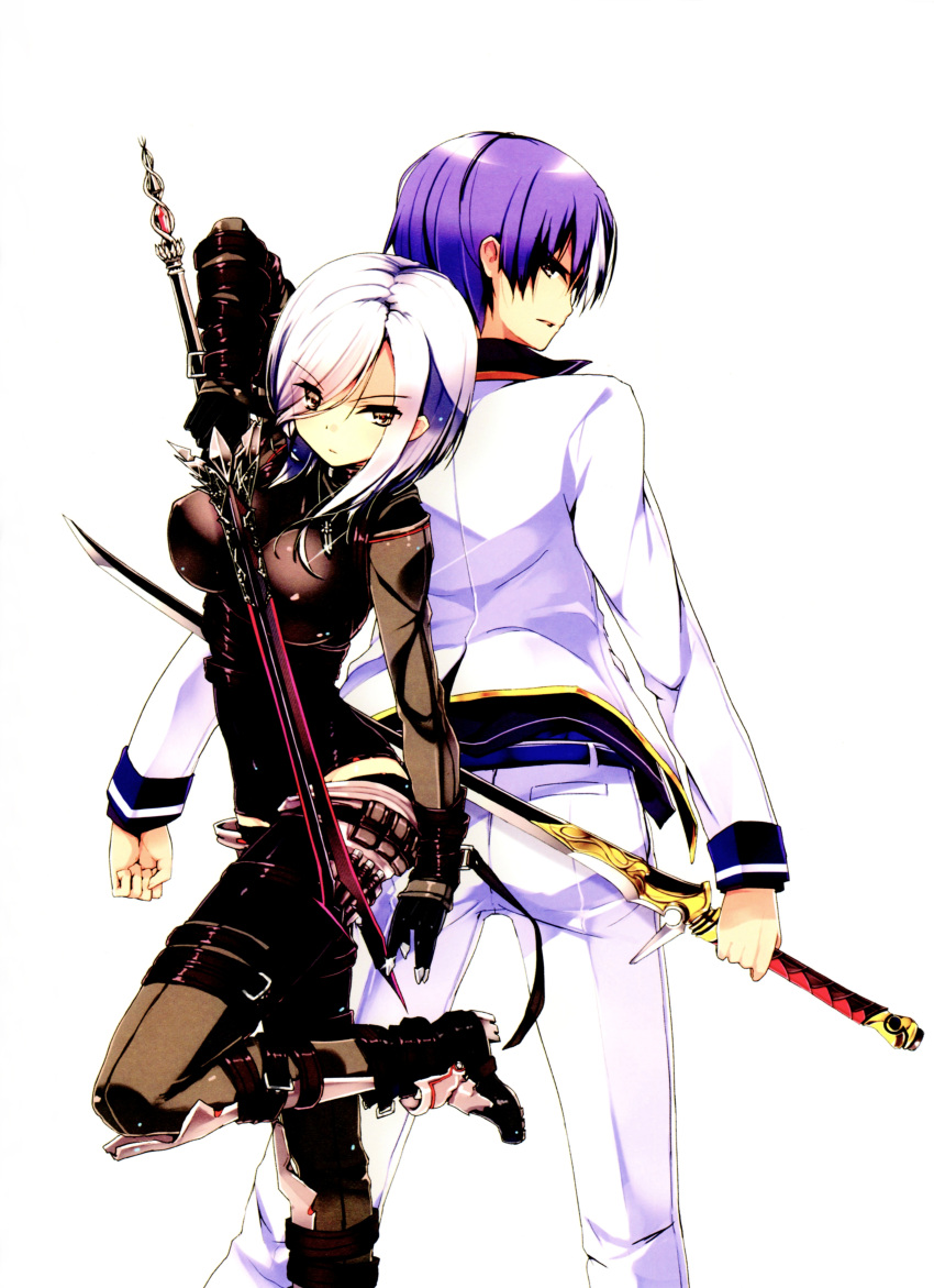 1boy 1girl absurdres back-to-back black_gloves brown_eyes character_request gloves haimura_moroha highres holding holding_sword holding_weapon long_hair purple_hair refeia seiken_tsukai_no_world_break short_hair silver_hair simple_background sword weapon white_background