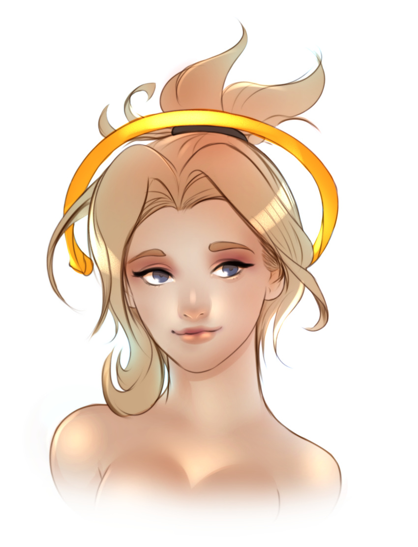 blonde_hair blue_eyes breasts cleavage highres light_smile lips long_hair looking_at_viewer mechanical_halo mercy_(overwatch) overwatch simple_background superboin upper_body white_background