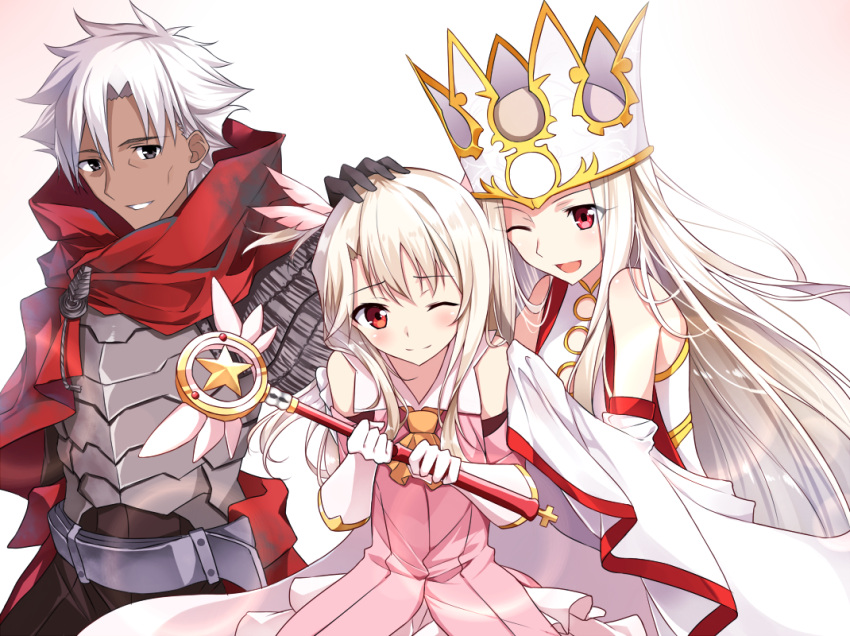 1boy 2girls ;d armor bare_shoulders belt black_gloves blush commentary_request crown dark_skin dress dress_of_heaven emiya_kiritsugu family fate/grand_order fate/kaleid_liner_prisma_illya fate/zero fate_(series) father_and_daughter feathers gloves hair_feathers hand_on_another's_head holding_wand husband_and_wife illyasviel_von_einzbern irisviel_von_einzbern kaleidostick long_hair magical_girl magical_ruby mother_and_daughter multiple_girls one_eye_closed open_mouth prisma_illya red_eyes silver_hair smile tsuedzu wand white_gloves white_hair