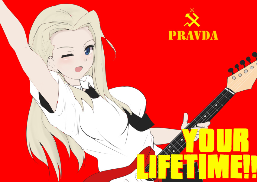 1girl absurdres armpit_ blonde_hair blue_eyes clara_(girls_und_panzer) dress_shirt electric_guitar emblem girls_und_panzer guitar hanzawa821 highres holding instrument long_hair looking_at_viewer necktie one_eye_closed open_mouth pointing red_background shirt short_sleeves smile solo white_shirt