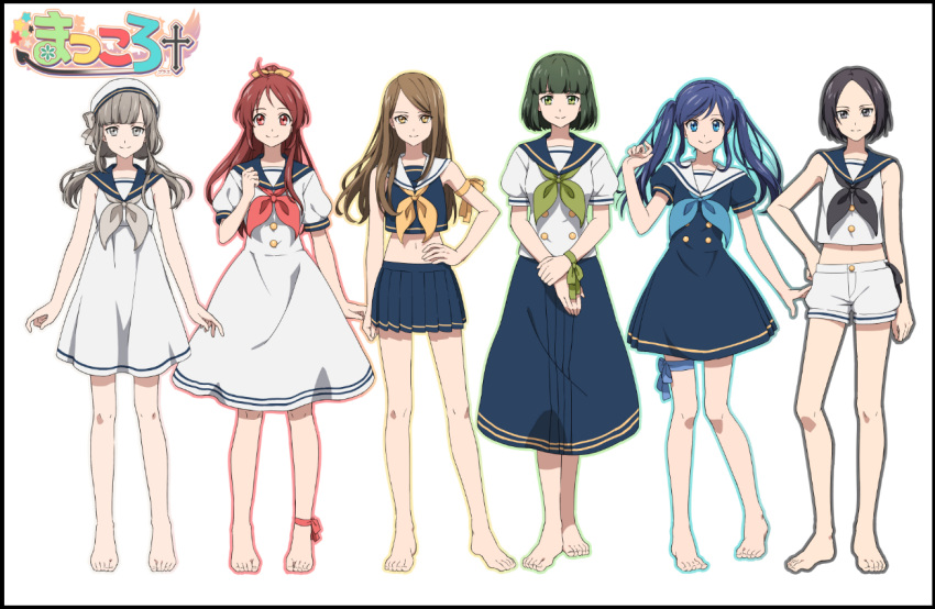 6+girls ankle_ribbon anklet barefoot black_border black_hair blue_eyes blue_hair border bow brown_hair dress green_eyes green_hair grey_eyes grey_hair hair_bow hat jewelry lineup low_twintails matsuki_(mikipingpong) multiple_girls original pleated_skirt red_eyes redhead sailor_collar sailor_dress sailor_hat shorts skirt smile twintails yellow_eyes