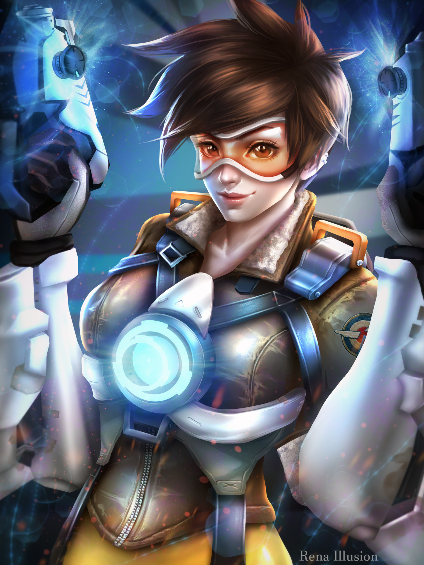 1girl absurdres artist_name brown_hair earrings gun highres jewelry mask overwatch rena_illusion short_hair smile solo tracer_(overwatch) weapon