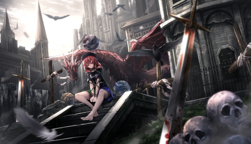 1girl architecture bare_legs bare_shoulders barefoot between_legs building castle chain clothes_writing collar dark_souls dragon fantasy hands_together hat hecatia_lapislazuli highres long_hair looking_at_viewer outdoors polos_crown red_eyes redhead ryosios scenery shirt sitting skirt skull sky smile solo souls_(from_software) sword t-shirt touhou v_arms weapon