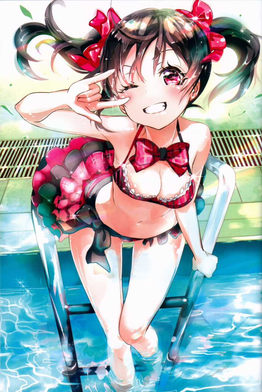 1girl \m/ bare_legs bare_shoulders bikini bikini_skirt black_hair blush bow breasts cleavage frilled_bikini frills from_above hair_bow highres long_hair looking_at_viewer looking_up love_live!_school_idol_project navel one_eye_closed outdoors pool pool_ladder poolside r123 red_eyes smile soaking_feet solo swimsuit twintails water yazawa_nico