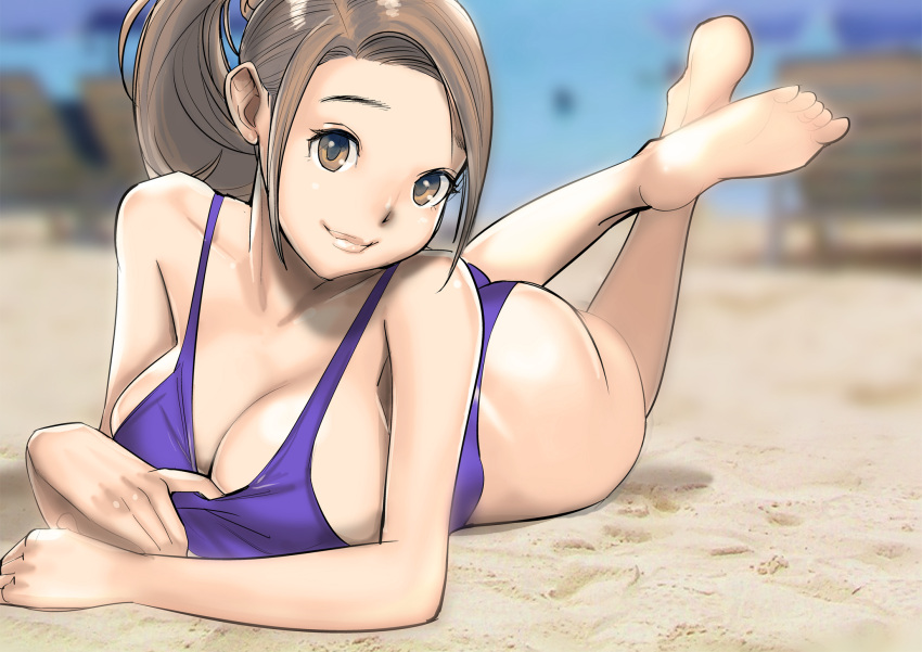 1girl ass barefoot breasts brown_eyes brown_hair cleavage competition_swimsuit dtym highres lips long_hair lying on_stomach one-piece_swimsuit original ponytail swimsuit swimsuit_pull