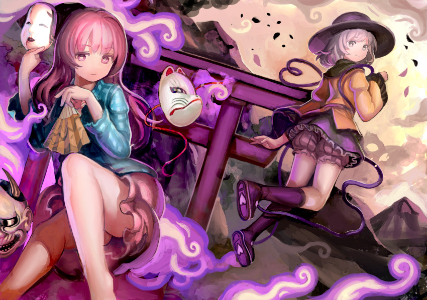2girls arch arm_up bare_legs barefoot black_boots black_hat blonde_hair bloomers blue_shirt boots closed_mouth expressionless eyebrows eyebrows_visible_through_hair fan fire floating_object folding_fan frilled_skirt frills full_body green_eyes green_skirt hat hata_no_kokoro heart heart_of_string highres holding holding_mask juliet_sleeves knee_boots komeiji_koishi long_hair long_sleeves looking_at_viewer looking_back mountain multiple_girls organ_derwald outdoors petals pink_eyes pink_hair pink_skirt plaid plaid_shirt puffy_sleeves purple_fire shirt shoe_soles short_hair skirt smile string torii touhou underwear upskirt wide_sleeves yellow_shirt