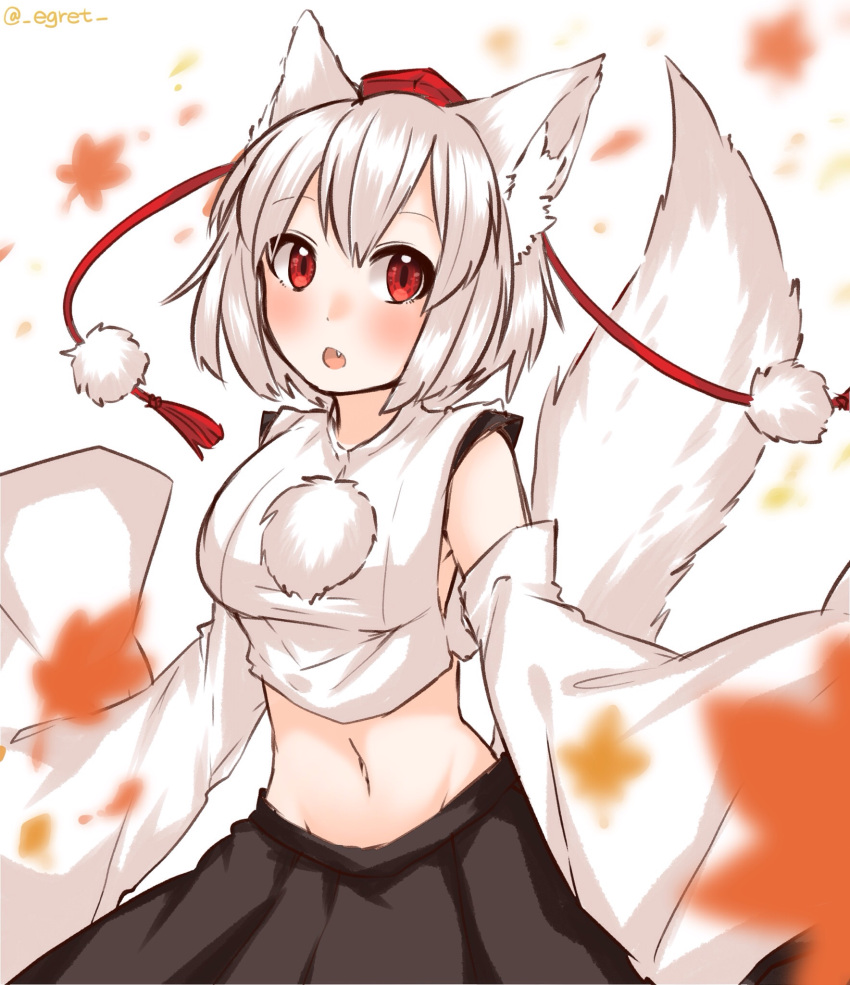 animal_ears artist_name bare_shoulders blush breasts detached_sleeves egret fang hat highres inubashiri_momiji large_breasts looking_at_viewer midriff navel open_mouth pom_pom_(clothes) red_eyes short_hair silver_hair tail tokin_hat touhou wolf wolf_ears wolf_tail