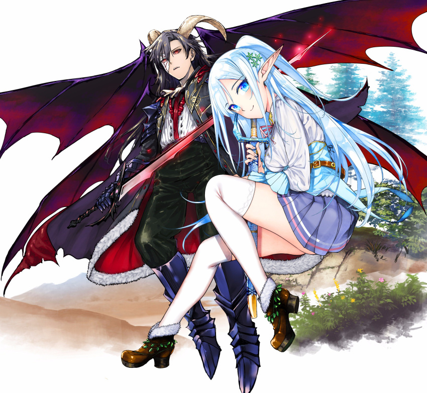 1boy 1girl absurdres armor armored_boots bangs belt black_hair black_sclera blue_eyes blue_hair boots broken_mask buckle character_request coat demon_wings fantasy flower frilled_sleeves frills from_side full_body fur_trim gauntlets grass hair_ornament half_updo highres himajin_maou_no_sugata_de_isekai_e holding holding_sword holding_weapon horns invisible_chair jpeg_artifacts katsurai_yoshiaki knee_boots long_hair looking_at_viewer looking_away mask miniskirt neck_ribbon official_art open_mouth pants pleated_skirt pointy_ears red_eyes ribbon sheath sheathed shirt skirt smile sword thigh-highs tree unsheathed weapon white_legwear white_shirt wings