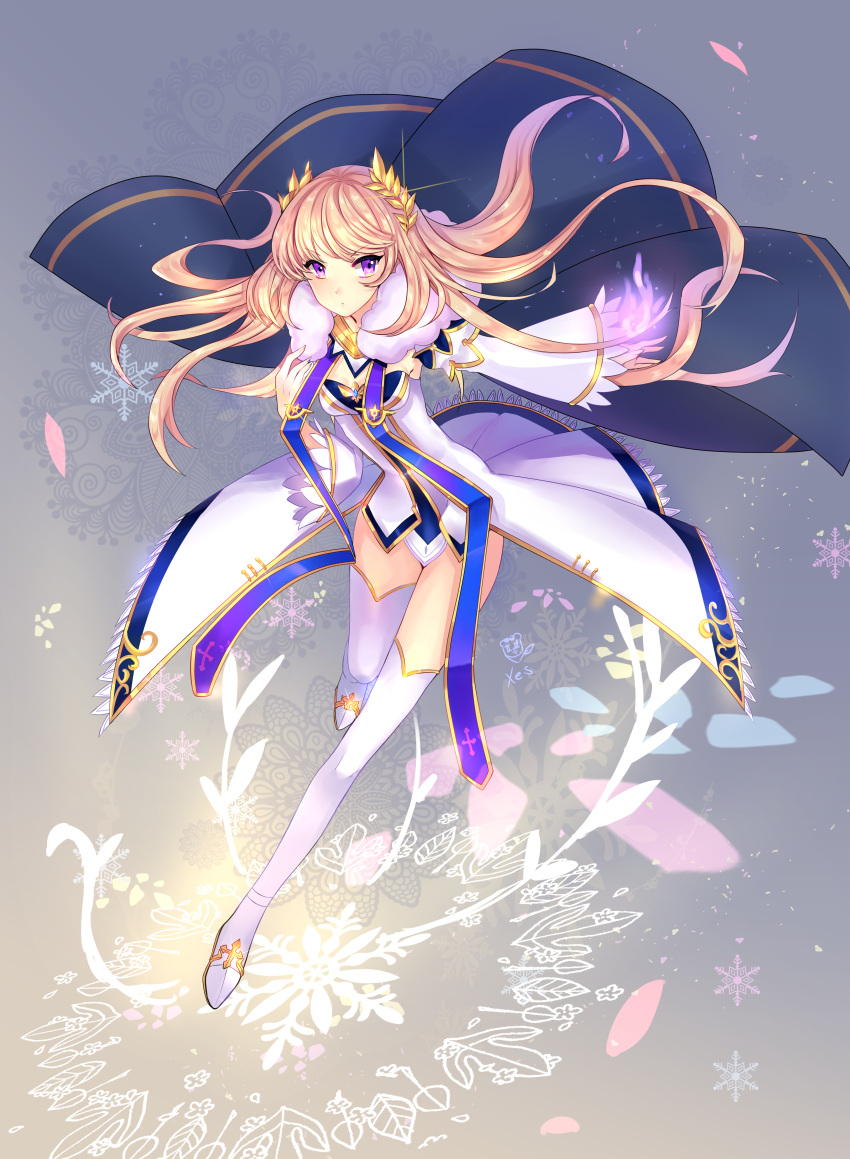 1girl absurdres aisha_(elsword) alternate_hair_color alternate_hairstyle blonde_hair boots cape elsword expressionless full_body hair_ornament highres long_hair looking_at_viewer magic skirt solo thigh-highs thigh_boots violet_eyes white_boots xes_(en5377el)