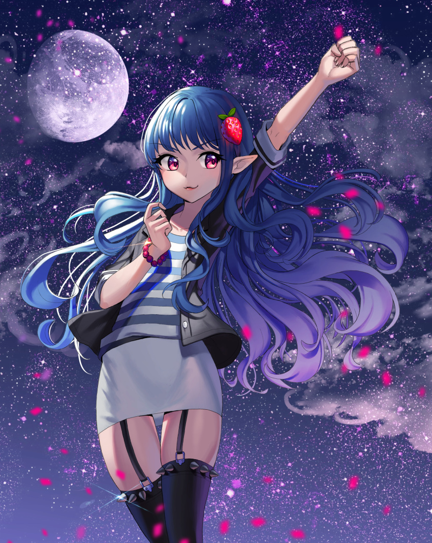 1girl absurdres black_jacket blue_hair blush bracelet buttons closed_mouth collarbone cowboy_shot doyoom food_themed_hair_ornament garter_straps glint gradient_hair hair_ornament highres horizontal_stripes jacket jewelry lips long_hair looking_at_viewer moon multicolored_hair night night_sky open_clothes open_jacket pearl_bracelet petals pink_eyes pink_hair pink_lips pointy_ears raised_fist rose_petals shirt short_sleeves sky sleeve_cuffs smile solo spikes standing star_(sky) starry_sky strawberry_hair_ornament striped thigh-highs thigh_gap unbuttoned very_long_hair white_shirt zettai_ryouiki