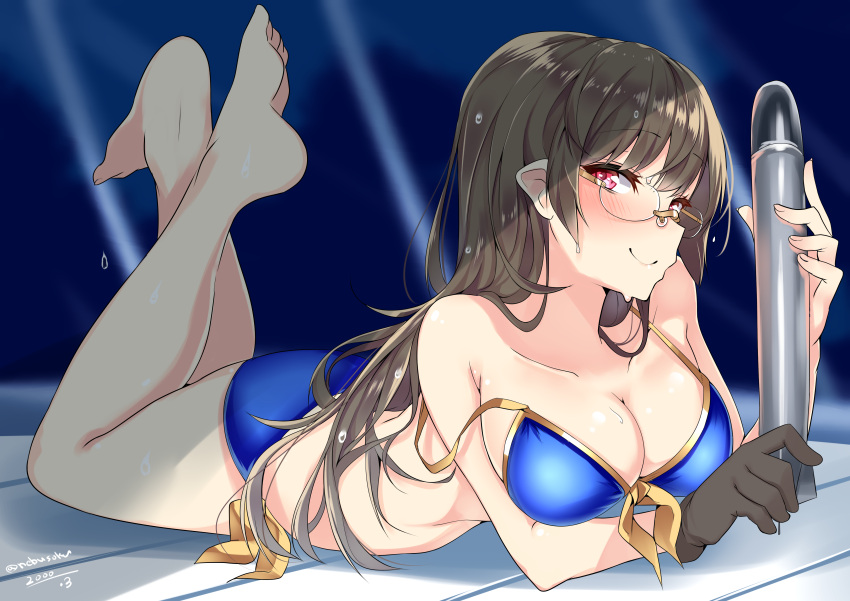 1girl absurdres artist_name bare_legs bare_shoulders barefoot bikini blue_bikini breasts brown_gloves brown_hair choukai_(kantai_collection) cleavage closed_mouth front-tie_bikini front-tie_top full_body gloves highres holding kantai_collection large_breasts long_hair lying nebu_soku off_shoulder on_stomach red_eyes ribbon side-tie_bikini single_glove smile soles solo strap_slip sweatdrop swimsuit the_pose torpedo yellow_ribbon