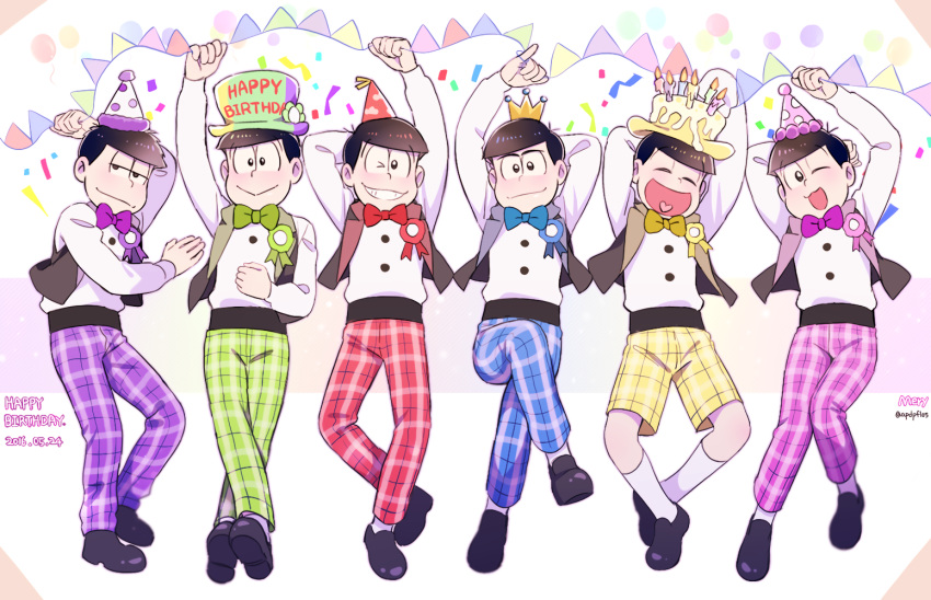 2016 6+boys :&gt; ^_^ birthday black_hair bow bowtie brothers brown_eyes candle closed_eyes confetti crown dated grin happy_birthday hat male_focus matsuno_choromatsu matsuno_ichimatsu matsuno_juushimatsu matsuno_karamatsu matsuno_osomatsu matsuno_todomatsu mery_(apfl0515) multiple_boys one_eye_closed open_mouth osomatsu-kun osomatsu-san pants party_hat plaid plaid_pants plaid_shorts shorts siblings smile string_of_flags top_hat