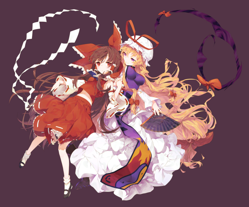 2girls alternate_hair_length alternate_hairstyle armband ascot big_hair black_shoes blonde_hair bow breasts detached_sleeves dress expressionless fan flame_print floating folding_fan frilled_bow frills gap gohei hair_bow hair_tubies hakurei_reimu half-closed_eyes harafha hat hat_ribbon interlocked_fingers long_hair long_sleeves looking_at_another looking_at_viewer midriff mob_cap multiple_girls navel purple_background red_shirt red_skirt ribbon ribbon-trimmed_sleeves ribbon_trim shirt shoes sidelocks simple_background skirt sleeveless sleeveless_shirt small_breasts smile tabard touhou very_long_hair white_dress white_legwear yakumo_yukari yin_yang