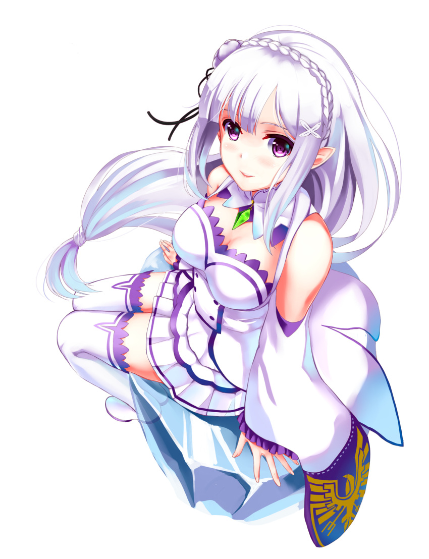 1girl arm_support arms_at_sides bangs bird_print black_ribbon blush boots braid breasts cleavage closed_mouth crystal emilia_(re:zero) flower frilled_sleeves frills from_above full_body hair_flower hair_ornament hair_ribbon highres jewelry long_hair looking_at_viewer low-tied_long_hair mizuki_(mizuki_ame) nail_polish pleated_skirt pointy_ears re:zero_kara_hajimeru_isekai_seikatsu ribbon rock sidelocks silver_hair simple_background sitting skirt smile solo spread_fingers stitches thigh-highs thigh_boots violet_eyes white_background white_boots white_hair white_legwear white_nails white_skirt wide_sleeves