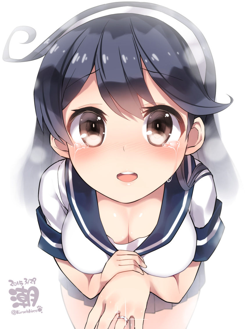 1girl ahoge black_hair blush breasts bright_background brown_eyes character_name cleavage crying crying_with_eyes_open dated from_above hairband happy highres jewelry kantai_collection kuro_chairo_no_neko large_breasts long_hair looking_at_viewer looking_up miniskirt open_mouth remodel_(kantai_collection) ring round_teeth school_uniform serafuku short_sleeves skirt solo sparkle tears teeth twitter_username ushio_(kantai_collection) wedding_band white_background