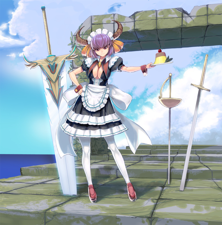 1girl apron black_dress blue_sky breasts cleavage cleavage_cutout clouds demon_girl demon_horns dress highres horns large_breasts looking_at_viewer maid maid_headdress masao ocean original pantyhose planted_sword planted_weapon plate pudding puffy_short_sleeves puffy_sleeves purple_hair short_sleeves sky smile solo sword violet_eyes waist_apron weapon white_legwear wrist_cuffs