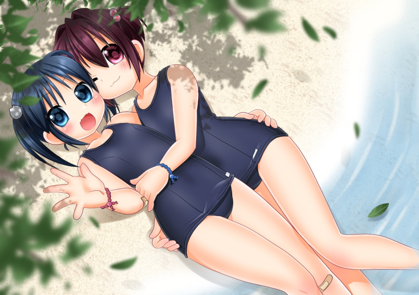 2girls ayatank blue_eyes blue_hair brown_eyes brown_hair hug lying multiple_girls original school_swimsuit short_hair swimsuit twintails