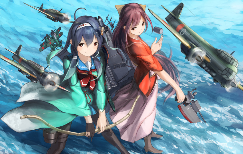 2girls airplane blue_hair boots bow_(weapon) brown_eyes brown_hair doraxi japanese_clothes kamikaze_(kantai_collection) kantai_collection long_hair meiji_schoolgirl_uniform multiple_girls red_eyes ryuuhou_(kantai_collection) taigei_(kantai_collection) weapon