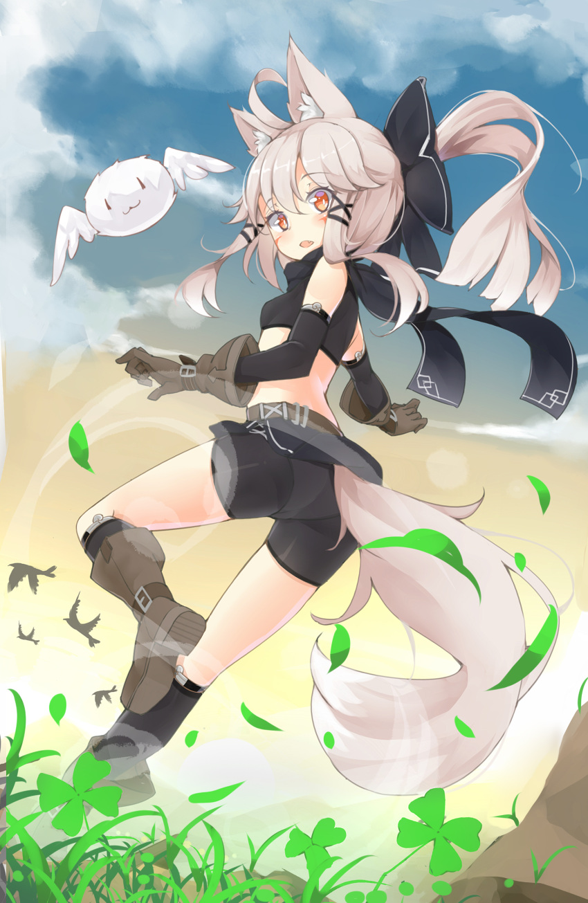 1girl =3 absurdres animal_ears ass back belt bike_shorts blue_sky boots bow brown_eyes clouds clover crop_top detached_sleeves fang four-leaf_clover fox_ears fox_tail gloves hair_bow hair_ribbon highres long_hair long_sleeves looking_at_viewer midriff ootsuki_momiji open_mouth original ponytail ribbon silver_hair sky solo tail thighs