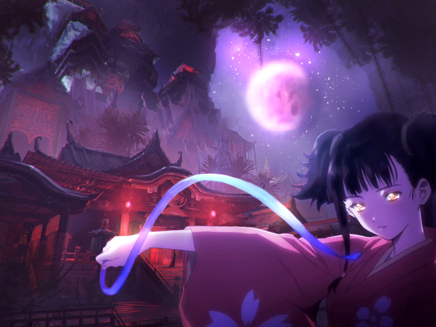 1girl black_hair building fantasy floral_print fortress hair_ribbon japanese_clothes kimono koutetsujou_no_kabaneri lights long_sleeves looking_at_viewer moon mumei_(kabaneri) night ribbon scenery tree treehouse treehousecharms twintails