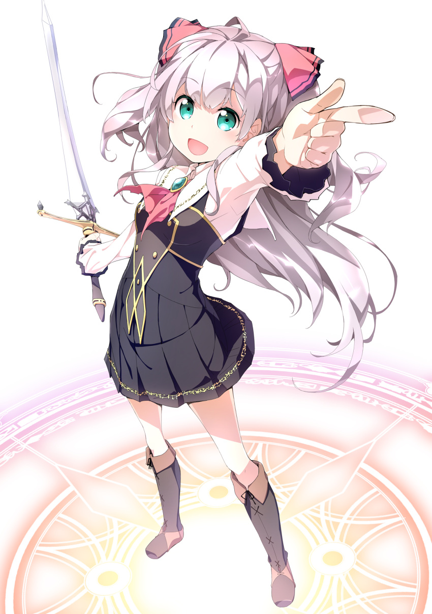 1girl akata_itsuki arm_up black_dress boots brooch cover cover_page dress eyebrows eyebrows_visible_through_hair full_body green_eyes highres holding holding_sword holding_weapon jewelry long_hair magic magic_circle mile_(watashi_nouryoku_wa_heikinchi_de_tte_itta_yo_ne!) novel_cover open_mouth outstretched_arms pointing silver_hair solo spread_arms standing sword watashi_nouryoku_wa_heikinchi_de_tte_itta_yo_ne! weapon white_background