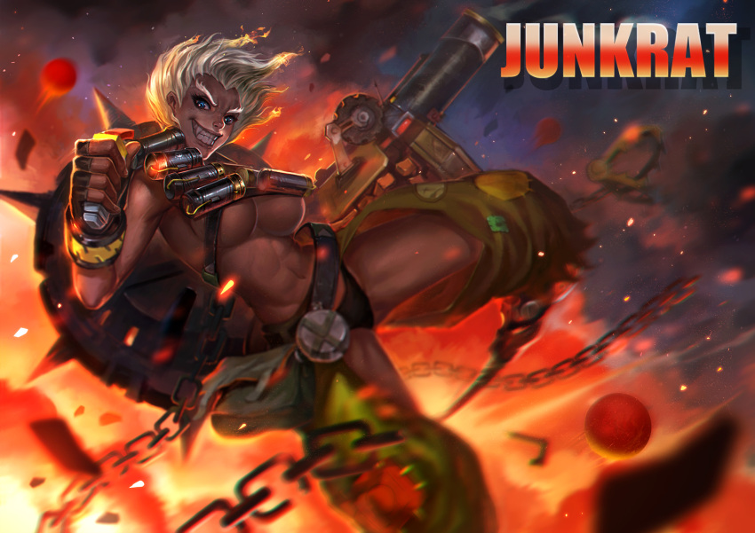 1girl abs blue_eyes bomb breasts cannon chain character_name explosive fang fingerless_gloves fire genderswap gloves highres junkrat_(overwatch) karasu_kame_ex large_breasts overwatch solo teeth white_hair