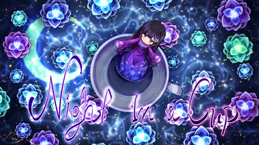 1girl artist_name crescent_moon cup dress english floral_print flower from_above hair_flower hair_ornament in_container in_cup long_hair looking_up moon nene_nene purple_dress purple_hair ray-k signature solo utau violet_eyes wide_sleeves