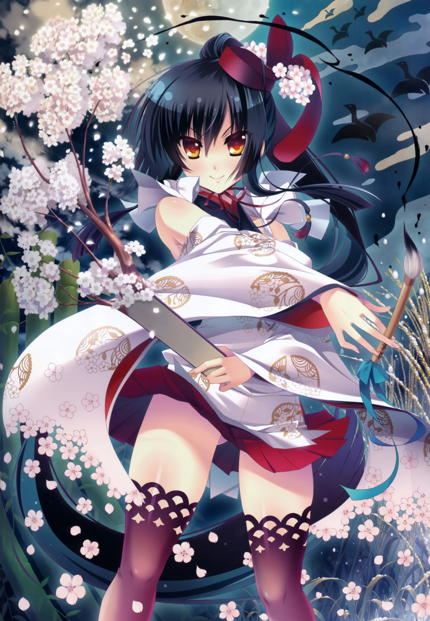 1girl absurdres black_hair brown_eyes calligraphy_brush character_request cherry_blossoms cowboy_shot hat highres huge_filesize japanese_clothes katagiri_hinata long_hair paintbrush skirt smile source_request thigh-highs very_long_hair very_long_sleeves