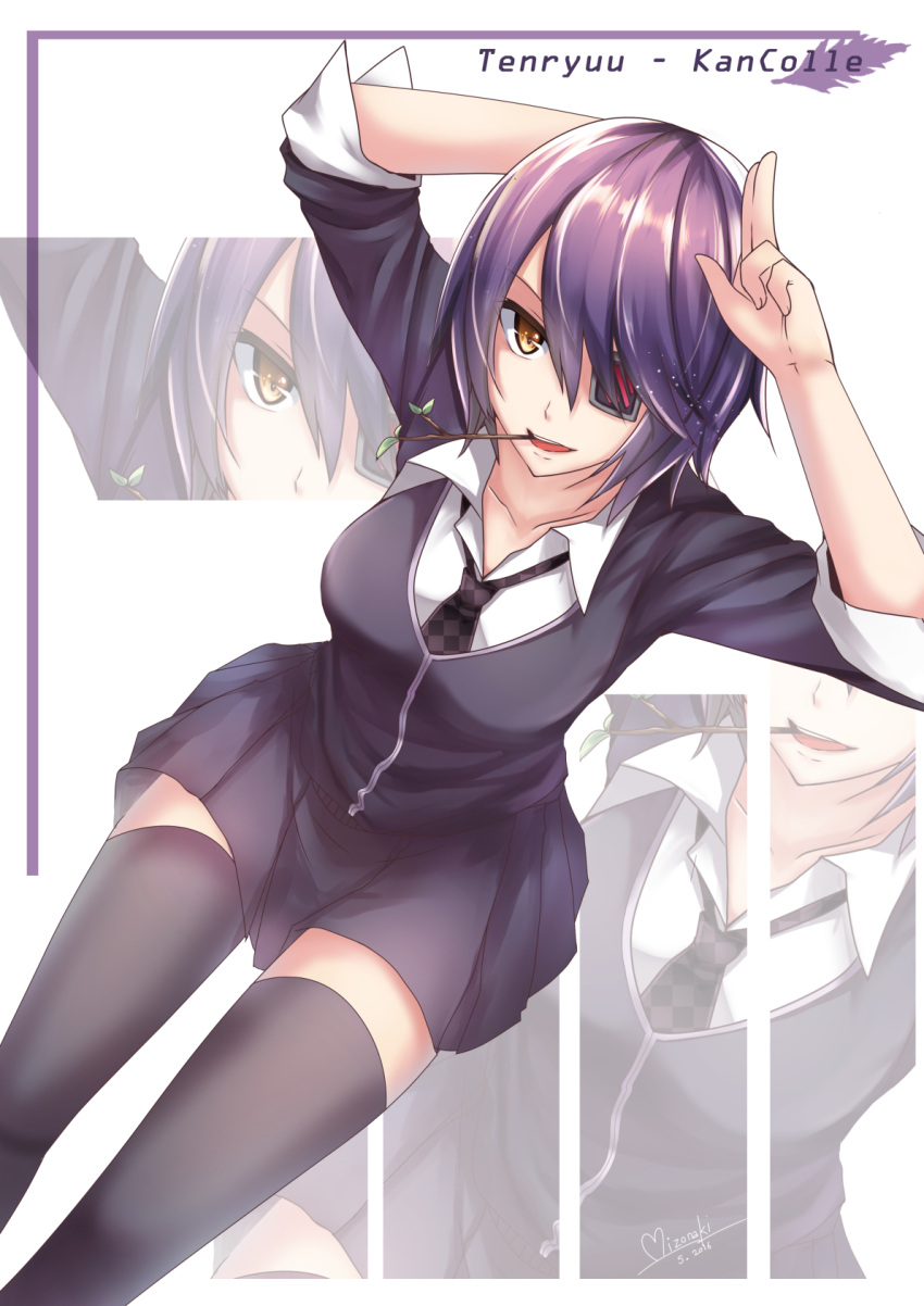 1girl artist_name checkered checkered_necktie eyepatch hand_behind_head highres kantai_collection looking_at_viewer mizonaki mouth_hold necktie no_headwear open_mouth purple_hair salute short_hair sitting solo tenryuu_(kantai_collection) thigh-highs twig yellow_eyes