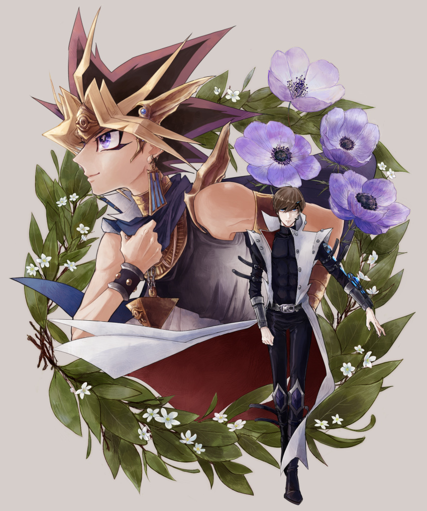 2boys armband atem belt black_boots black_hair blonde_hair blue_eyes boots brown_hair crown earrings egyptian_clothes flower headset highres jewelry kaiba_seto knee_pads leaf male_focus millennium_puzzle multicolored_hair multiple_boys profile purple_hair saji-saji-saji skinny smile wrist_cuffs yuu-gi-ou