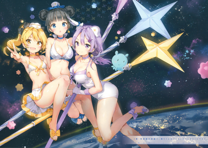 3girls absurdres anmi arm_up bangs bare_legs bikini bikini_skirt black_hair blonde_hair blue_eyes blunt_bangs bow breasts casual_one-piece_swimsuit choker cleavage double_bun earrings eyebrows front-tie_bikini front-tie_top gloves hair_bow hair_ornament hairclip hat highres hikaru_(houkago_no_pleiades) houkago_no_pleiades huge_filesize itsuki_(houkago_no_pleiades) jewelry leg_up long_hair low_twintails mini_hat multiple_girls nanako_(houkago_no_pleiades) official_art one-piece_swimsuit pointing pointing_at_viewer ponytail purple_hair ribbon_choker sandals small_breasts smile space staff swimsuit thick_eyebrows twintails v violet_eyes white_bikini white_gloves white_swimsuit wristband