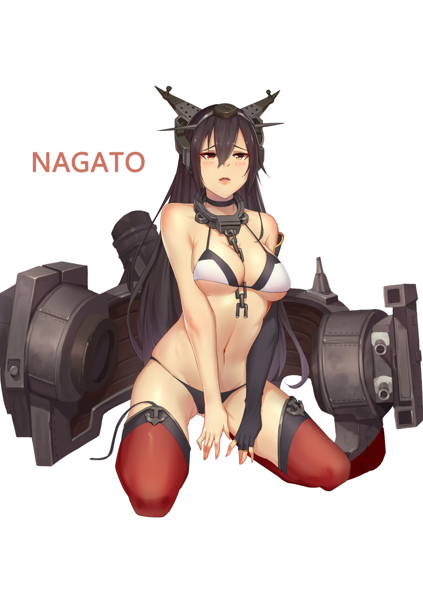 absurdres ass_visible_through_thighs bare_shoulders bikini black_hair brown_eyes chain choker elbow_gloves fingerless_gloves gloves highres kantai_collection kneeling lips long_hair nagato_(kantai_collection) navel parted_lips simple_background swimsuit thigh-highs turret white_background zxj