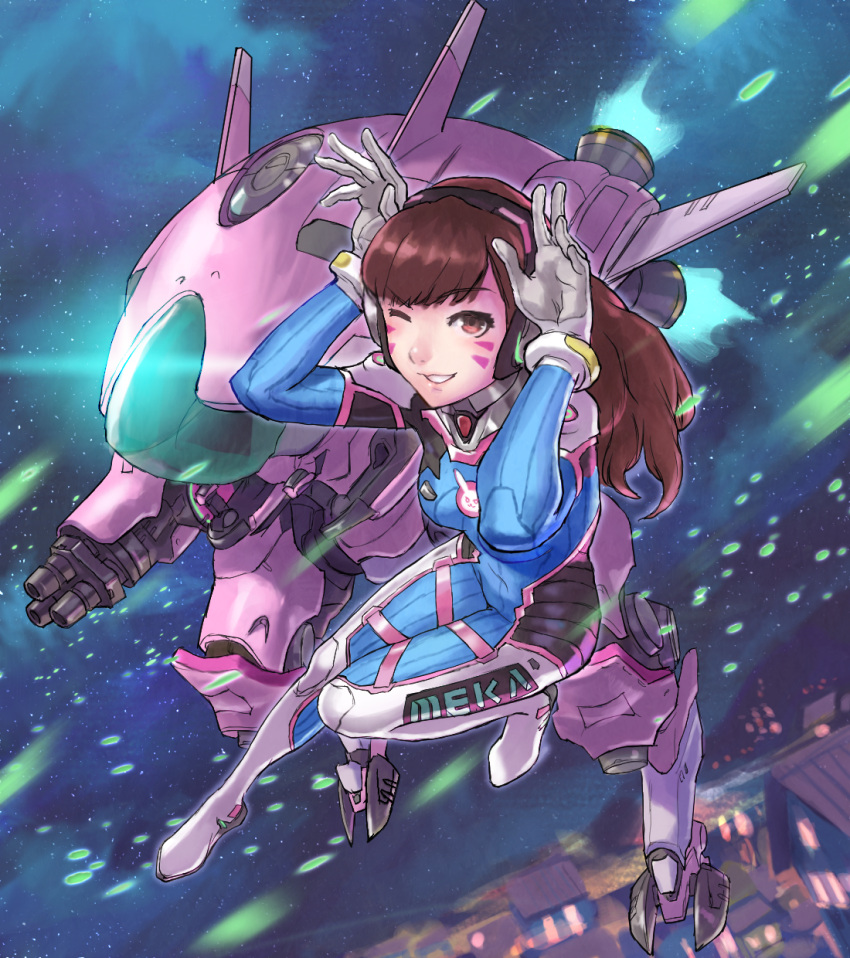 1girl :d armor bangs bodysuit boots breasts brown_eyes brown_hair bunny_pose canon covered_navel d.va_(overwatch) facial_mark full_body gatling_gun gloves gun headphones highres logo long_hair looking_at_viewer mecha one_eye_closed open_mouth overwatch pilot_suit smile solo swept_bangs thigh-highs thigh_boots weapon white_boots white_gloves
