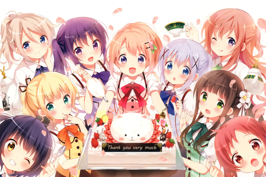 6+girls :3 :d :o ;q alternate_costume alternate_hairstyle anko_(gochuumon_wa_usagi_desuka?) aoyama_blue_mountain bangs black_ribbon blonde_hair blue_bow blue_bowtie blue_eyes blue_hair blush_stickers bow bowtie brown_eyes brown_hair cake chestnut_mouth closed_mouth collared_shirt cup end_card english flower food fruit gochuumon_wa_usagi_desu_ka? green_bow green_bowtie green_eyes grin hair_between_eyes hair_flower hair_ornament hair_ribbon hairclip hand_on_own_cheek highres holding holding_fork holding_fruit hoto_cocoa hoto_mocha jouga_maya kafuu_chino kirima_sharo koi_(koisan) long_hair looking_at_viewer matching_outfit multiple_girls natsu_megumi official_art one_eye_closed open_mouth orange_bow orange_bowtie outstretched_arms pastry_bag petals ponytail purple_bow purple_bowtie purple_hair rabbit_house_uniform red_bow red_bowtie ribbon shirt short_hair short_sleeves siblings side_ponytail sidelocks silhouette sisters smile strawberry swept_bangs teacup teapot tedeza_rize tippy_(gochuumon_wa_usagi_desuka?) tongue tongue_out tray twintails ujimatsu_chiya violet_eyes waitress white_background white_shirt wild_geese wing_collar x_hair_ornament