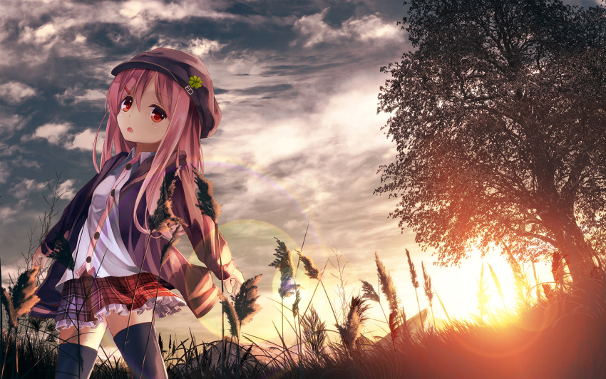 1girl buttons clouds cloudy_sky clover four-leaf_clover grass hair_between_eyes hair_ornament hairclip hat jacket kagayan1096 long_hair long_sleeves open_clothes open_jacket open_mouth original outdoors plaid plaid_skirt red_eyes skirt sky solo sun sunset thigh-highs tree zettai_ryouiki