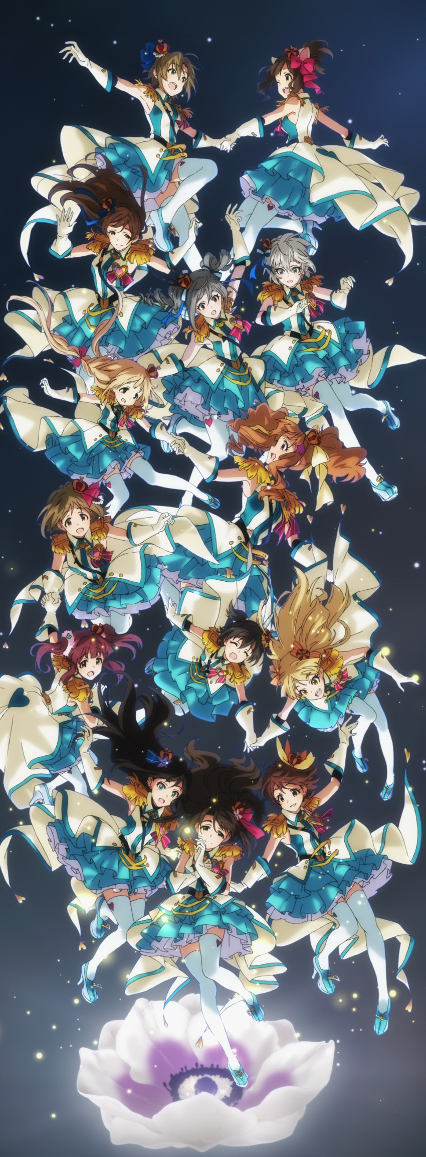 6+girls absurdres akagi_miria anastasia_(idolmaster) black_hair blonde_hair brown_hair crown drill_hair flower futaba_anzu gloves hair_ornament highres holding_hands honda_mio idolmaster idolmaster_cinderella_girls jougasaki_mika jougasaki_rika kanzaki_ranko long_hair low_twintails maekawa_miku mimura_kanako mini_crown moroboshi_kirari multiple_girls nitta_minami ogata_chieri screencap shibuya_rin shimamura_uzuki short_hair silver_hair tada_riina twin_drills twintails