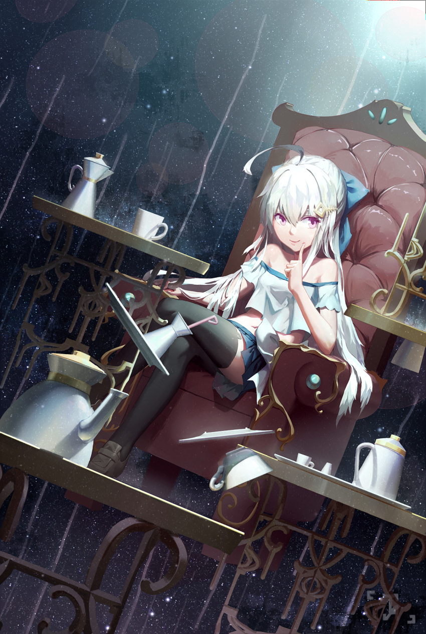 1girl ahoge black_legwear bow canzhajiang chair coffee_maker_(object) cup dish dutch_angle finger_to_cheek hair_bow hair_ornament hairclip highres light_smile loafers long_hair looking_at_viewer navel off_shoulder original pink_eyes shirt shoes short_sleeves sitting skirt sky solo star star_(sky) starry_background starry_sky teacup teapot thigh-highs white_hair zettai_ryouiki