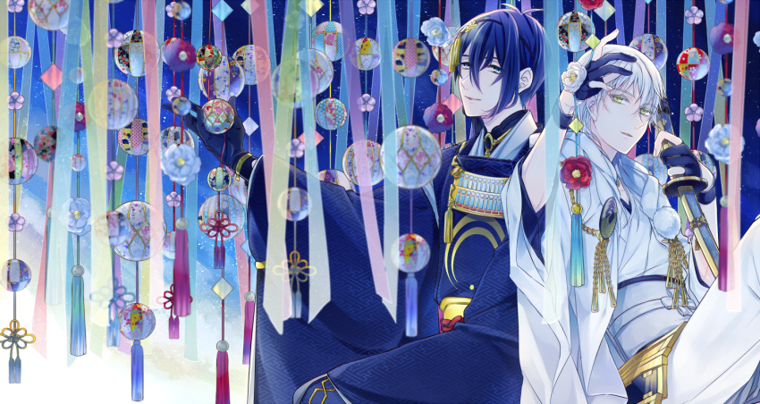 2boys armor ball bangs black_gloves blue_eyes blue_flower blue_gloves blue_hair blurry camellia_(flower) chain depth_of_field eyebrows eyebrows_visible_through_hair flower gloves hair_between_eyes hair_ornament hand_up holding holding_sword holding_weapon japanese_armor japanese_clothes jewelry knot kusazuri leaning_back leaning_on_person light_particles long_sleeves looking_at_viewer male_focus mikazuki_munechika multiple_boys necklace outstretched_arm pants parted_lips partly_fingerless_gloves pom_pom_(clothes) red_flower ribbon sash sayagata silver_hair sitting smile sphere sword tassel touken_ranbu transparent tsurumaru_kuninaga washi_(micino) weapon white_flower white_hair white_pants wide_sleeves yellow_eyes