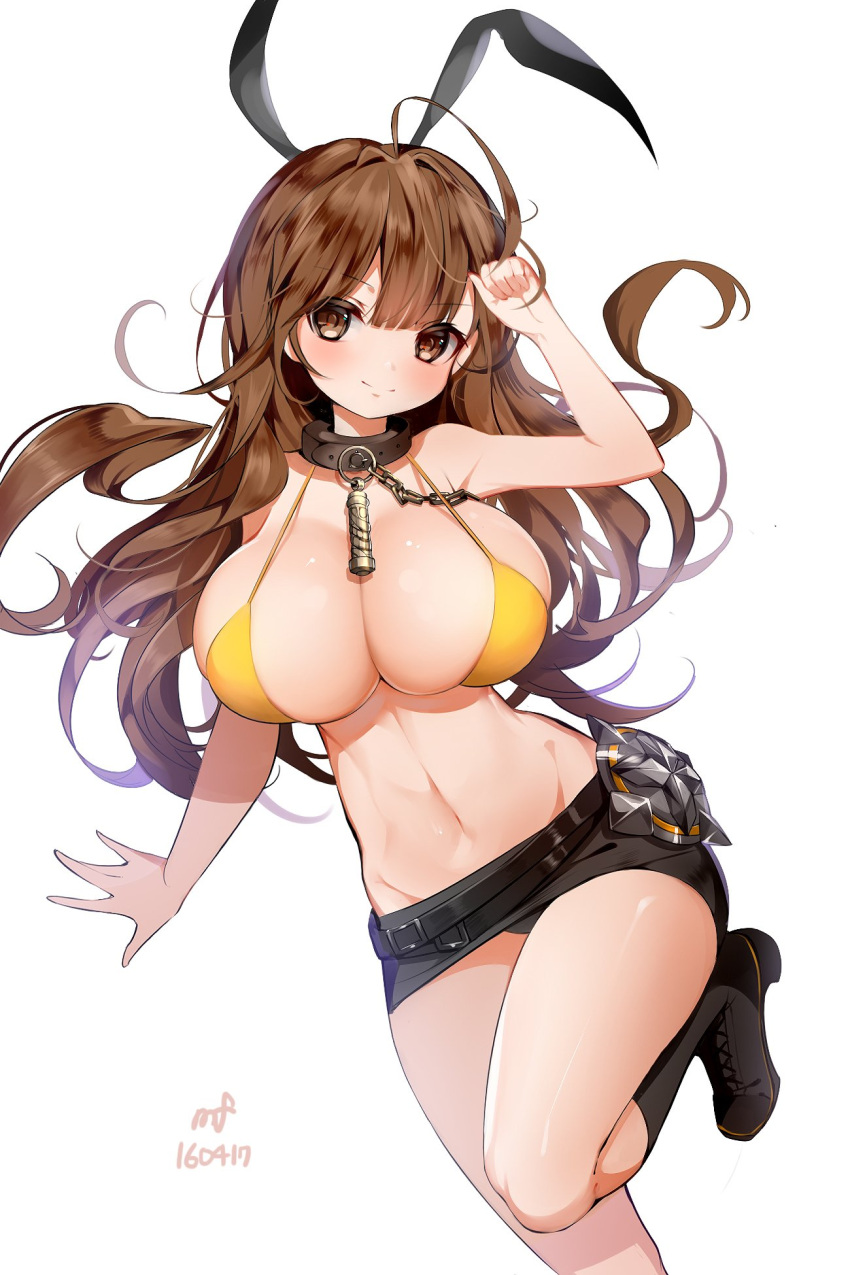 1girl animal_ears belt bikini blush boots breasts brown_eyes brown_hair chain cleavage clenched_hand collar dog_collar fake_animal_ears gingin8926 highres large_breasts legs_folded long_hair looking_at_viewer navel original pencil_skirt rabbit_ears simple_background skirt smile solo swimsuit white_background yellow_bikini